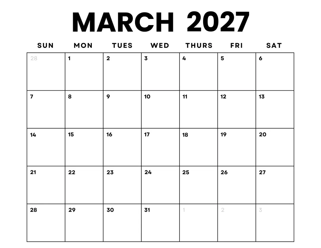 March 2027 Calendar Printable Minimalist