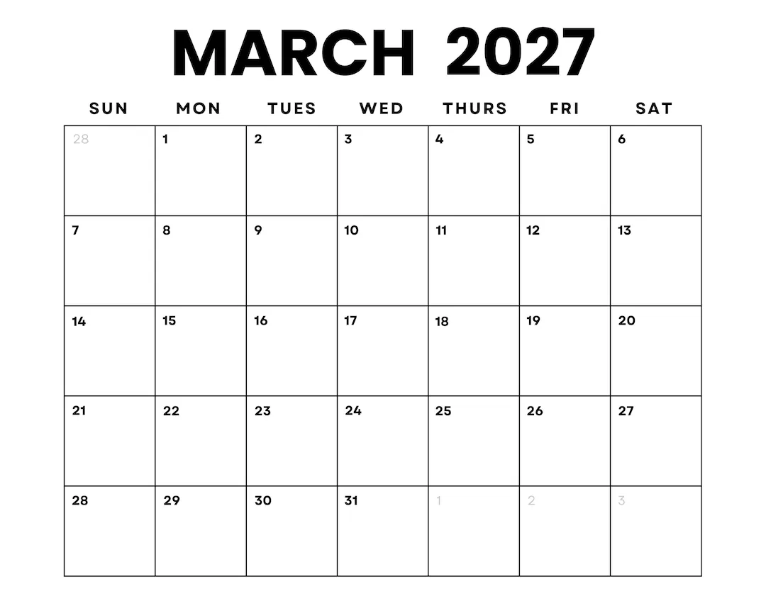March 2027 Calendar Printable Minimalist