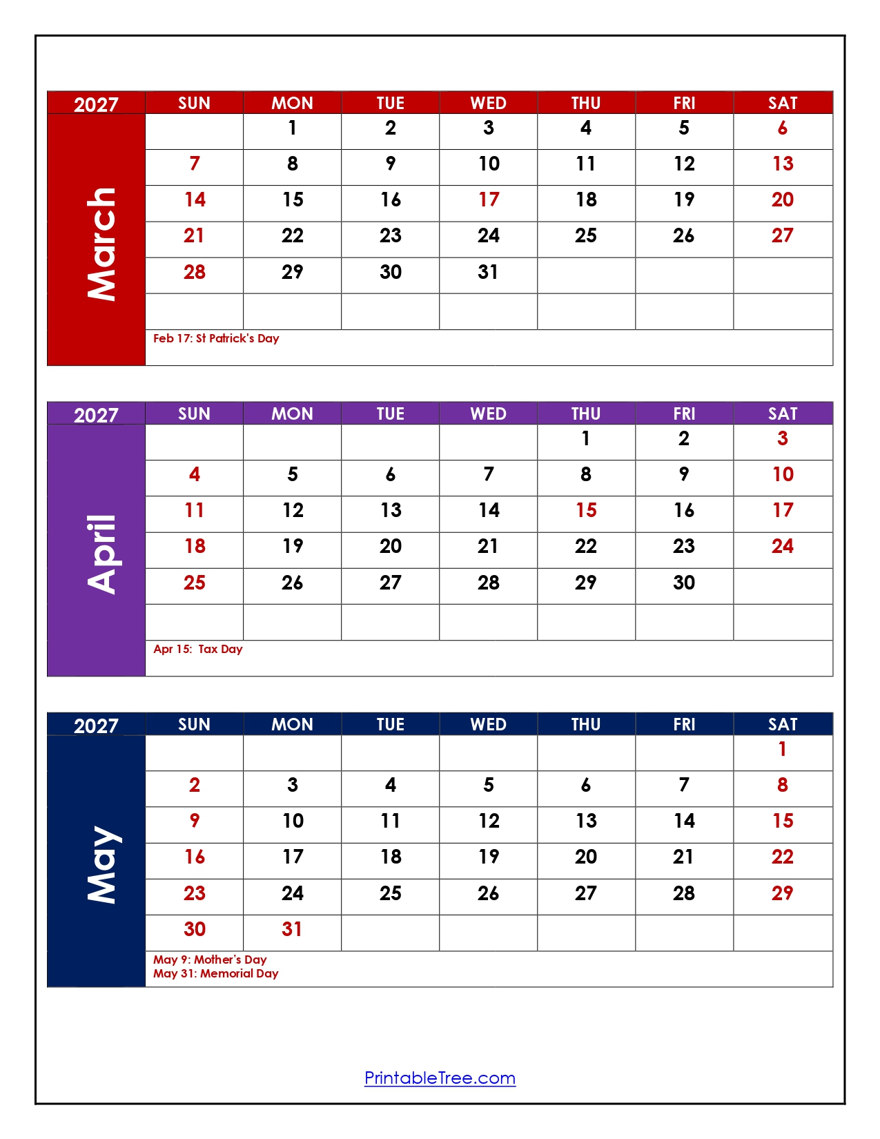 March To May 2027 Calendar Printable