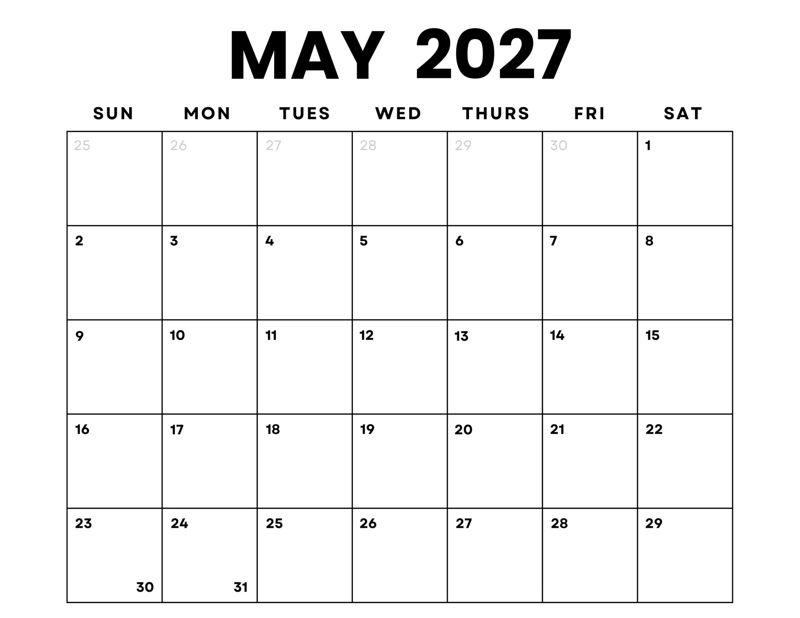 May 2027 Monthly Calendar Printable
