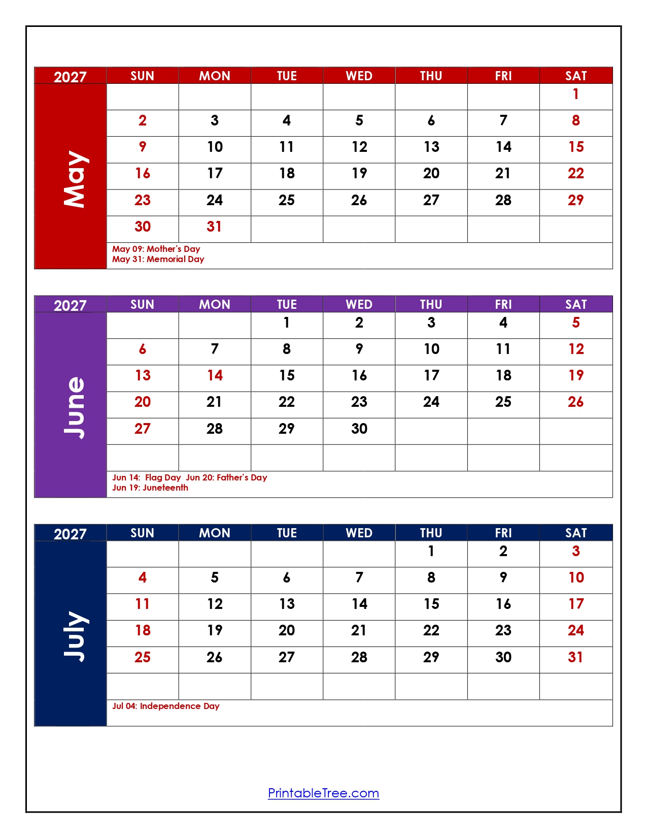 May To July 2027 Calendar Printable