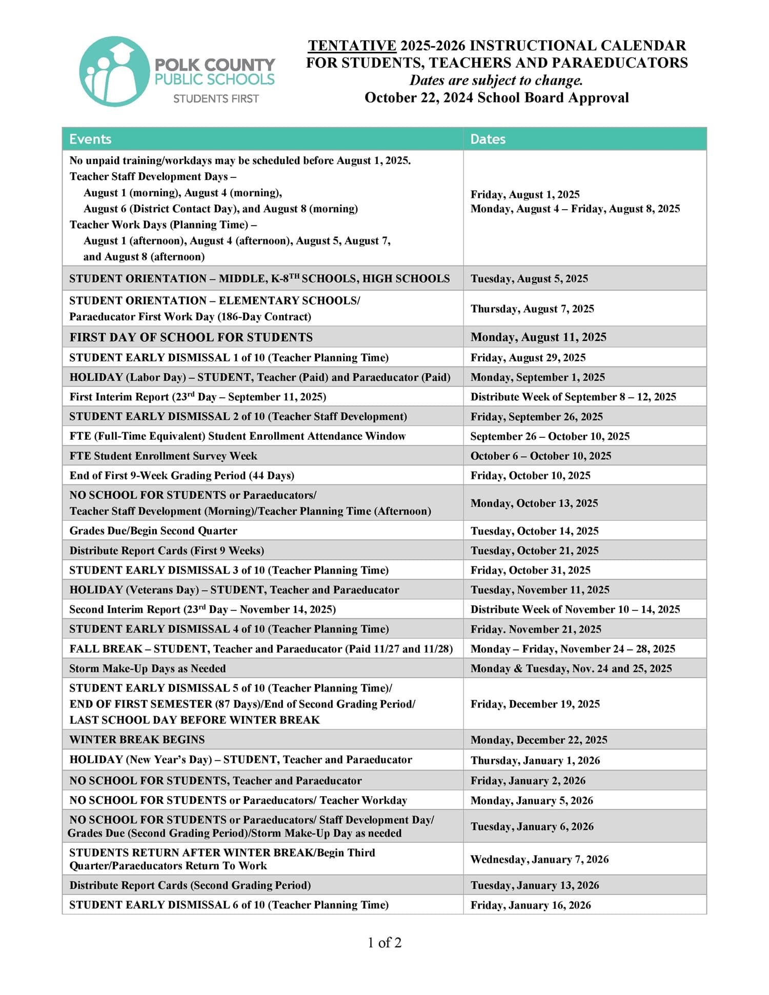 Polk County School Calendar 2025 2026