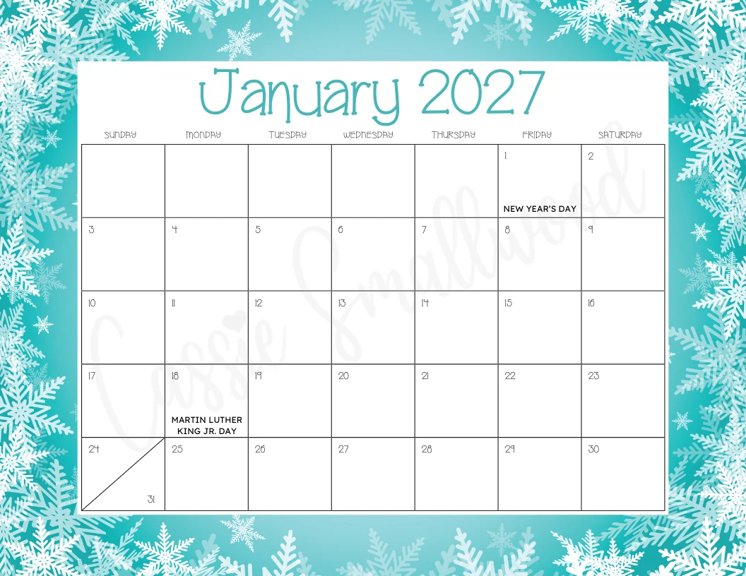 Printable 2027 Monthly Calendar With Holidays